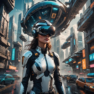 Beautiful woman in a virtual reality helmet in a futuristic city.jpg