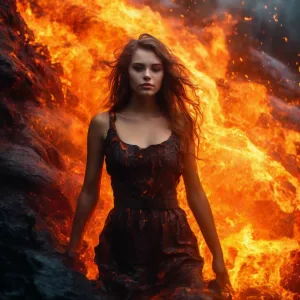 Красивая девушка внутри горящей вулканической лавы.webp