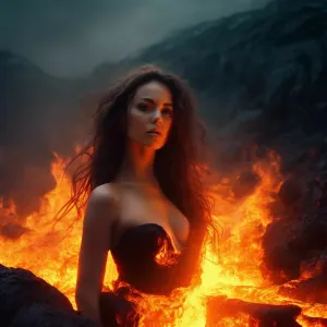 Красивая женщина внутри горящей вулканической лавы.webp