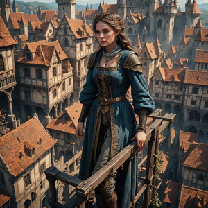 Beautiful lady on a scaffold in a medieval city.jpg