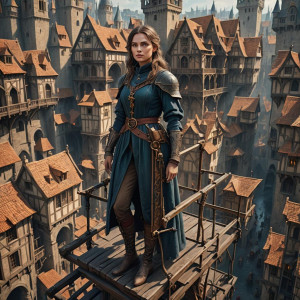Beautiful woman on a scaffold in a medieval city.jpg