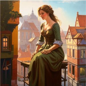 Beautiful woman on a scaffold in a medieval city - K.png