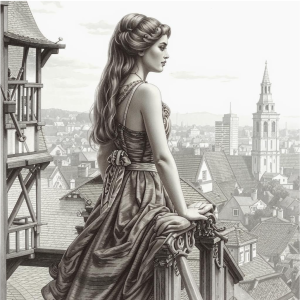 Beautiful woman on a scaffold in a medieval city - Kарандаш.png