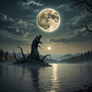 Loch Ness monster in the lake under full round spooky Moon.jpg