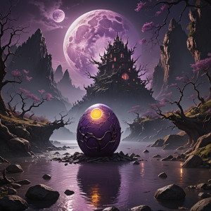 Giant demonic egg in the river under full round purple moon.jpg