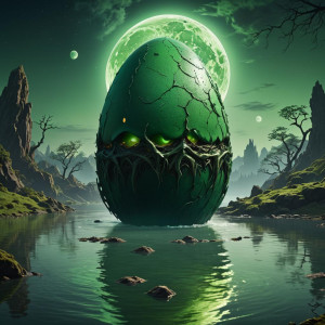 Giant demonic egg in the lake under full round green moon.jpg