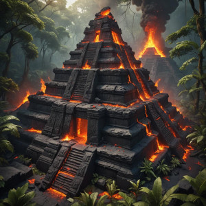 Burning volcanic lava inside Mayan pyramid in Central American jungle.jpg