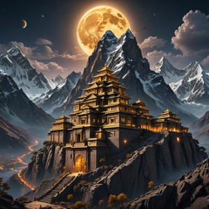 Giant building in the Himalayas under full round golden moon.jpg