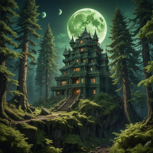 Giant building in the forest under full round green moon.jpg