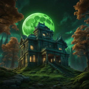 Giant building in the Oregon forest under full round green moon.jpg