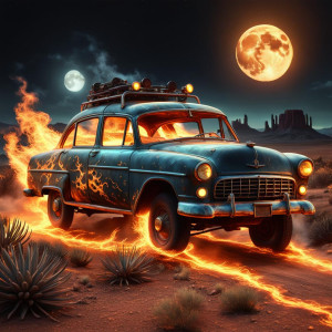 Ghost car in flames in Arizona desert under full golden moon RСL.jpg