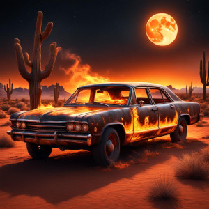Ghost car in flames in Arizona desert under full golden moon ССL.jpg