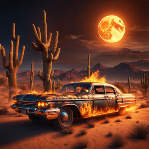 Ghost car in flames in Arizona desert under full golden moon XL.jpg