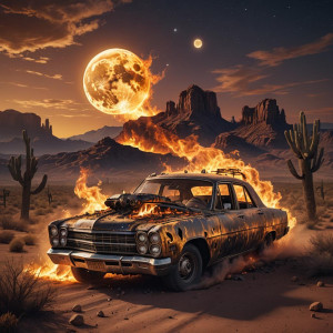 Ghost car in flames in Arizona desert under full golden moon.jpg