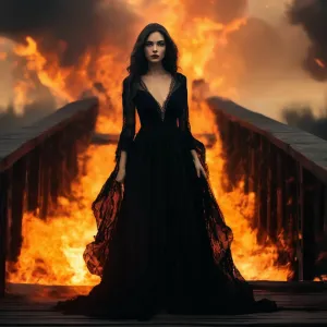 Beautiful woman in a long black dress on a burning bridge.webp