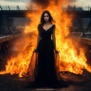 Beautiful lady in a long black dress on a burning bridge.webp