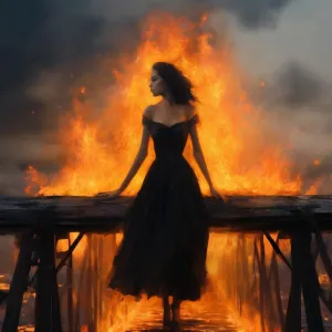 Beautiful lady on a burning bridge.webp