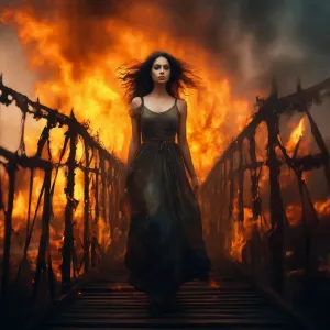Beautiful woman on a burning bridge.webp
