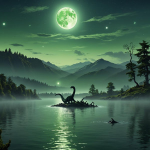 Loch Ness monster in the lake under full round green moon.jpg