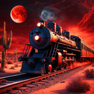 Burning ghost train in Arizona desert under full round blood-red Moon.jpg
