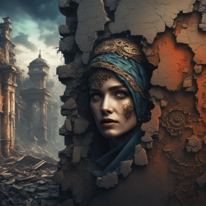 Face of a beautiful woman on the dilapidated wall in the abandoned city - XL.jpg