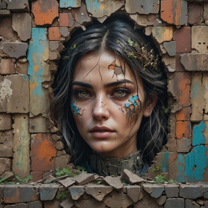 Face of a beautiful woman on the dilapidated wall in the abandoned city.jpg