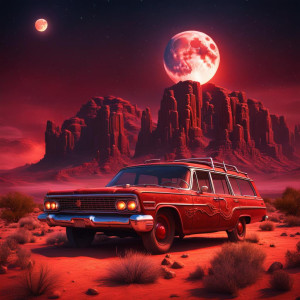 Burning ghost station wagon in Arizona desert under full round scarlet Moon.jpg