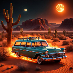 Burning retro station wagon in Arizona desert under full round golden Moon.jpg