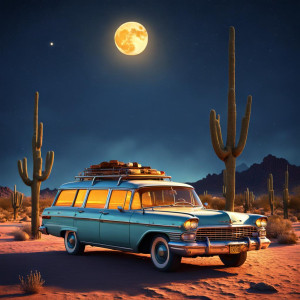 Burning ghost retro station wagon in Arizona desert under full round golden Moon.jpg