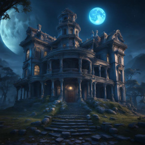 Beautiful abandoned mansion in a haunted city under full round blue moon.jpg