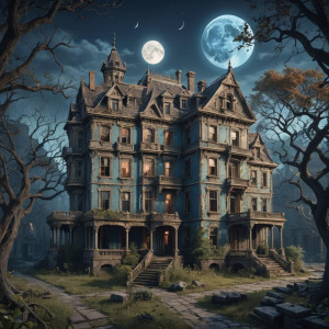 Beautiful abandoned mansion in a haunted lost city under full round blue moon.jpg