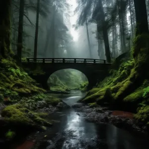 Заброшенный мостик через речку в таинственном лесу.webp
