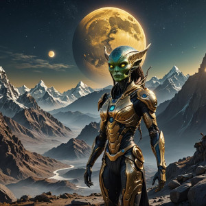 Beautiful female alien in the Himalayas under full round golden moon.jpg