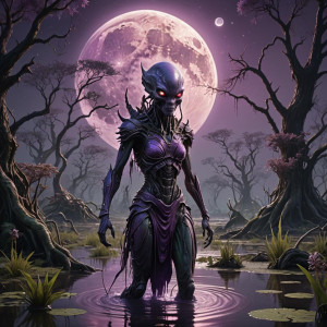 Beautiful female alien in the swamp under full round purple moon.jpg
