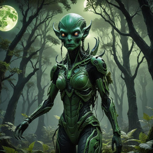 Beautiful female alien in the forest under full round green moon.jpg
