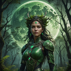 Beautiful humanoid woman in the forest under full round green moon.jpg
