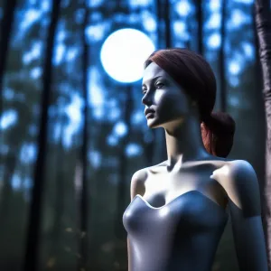 Женщина-манекен в лесу под полной круглой Луной.webp