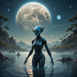 Beautiful female alien in the lake under full round blue moon.jpg