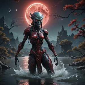 Beautiful female alien in the river under full round scarlet moon.jpg