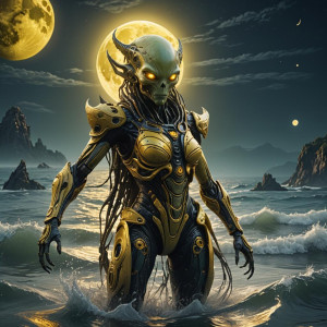 Beautiful female alien in the sea under full round yellow moon.jpg