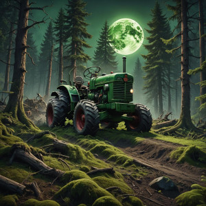 Demonic tractor in Oregon forest under full round green moon.jpg