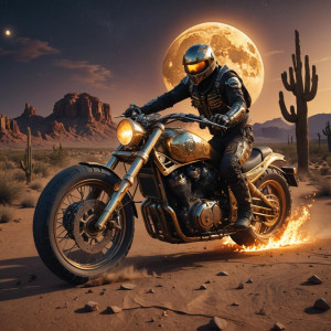 Burning ghost motorbike in Arizona desert under full round golden Moon.jpg