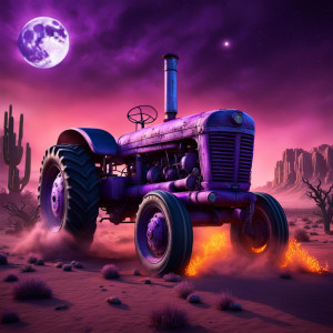 Burning ghost tractor in Arizona desert under full round purple Moon.jpg