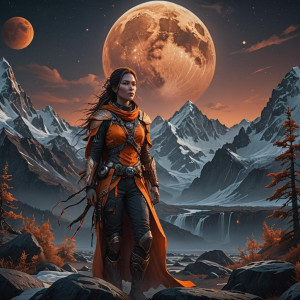 Beautiful ultraterrestrial female in Alaska wilderness under full round orange moon.jpg