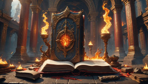 Giant fiery magical book on the altar of a temple.jpg