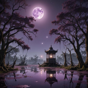 Giant lantern in Louisiana swamp under full round purple moon.jpg