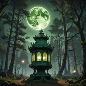 Giant lantern in Oregon forest under full round green moon.jpg