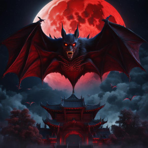 Giant demonic bat in the night sky under full round scarlet moon.jpg