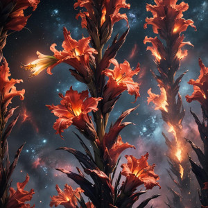 Burning giant gladiolus flower in deep space.jpg