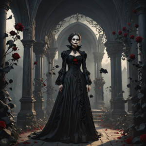 Beautiful Gothic vampire lady in long black dress with five black roses.jpg